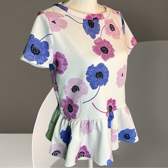 Elle White Purple / Blue Floral Jacquard Short Sleeve Peplum Blouse Size Small - Picture 5 of 8